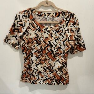 St. John Sport Silk Blend Cream and Brown Abstract Short Sleeve Tee, Women’s S
